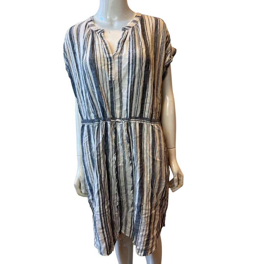 Time and Tru Womens Striped Sheath Dress Split V Neck Round Hem White Gray SZ L